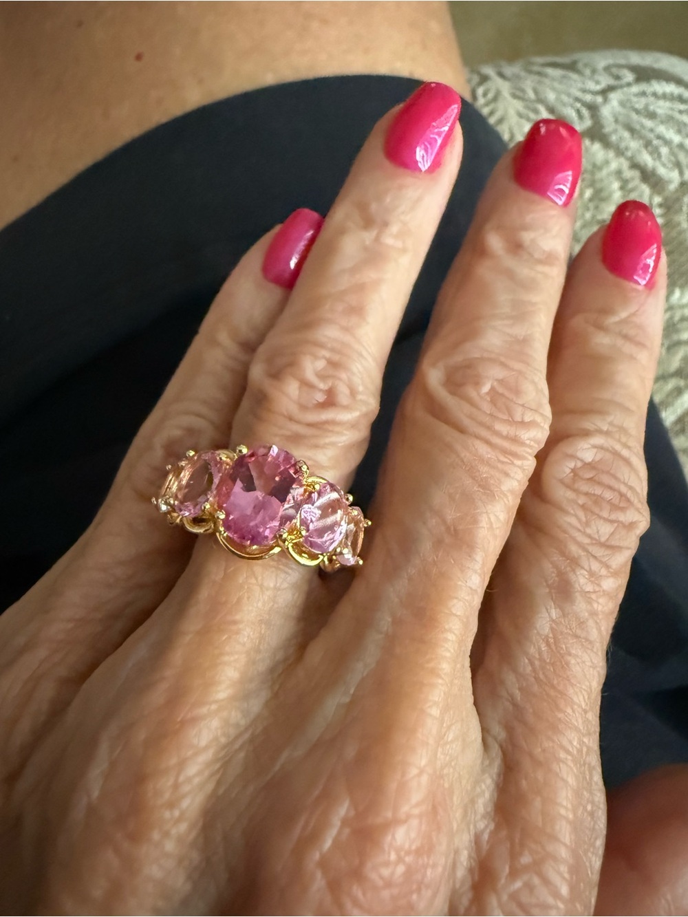 Lowest Price! 4.58KT Pink Topaz 5- Stone Ring in 18kt Gold over Sterling Silver - Picture 4 of 6